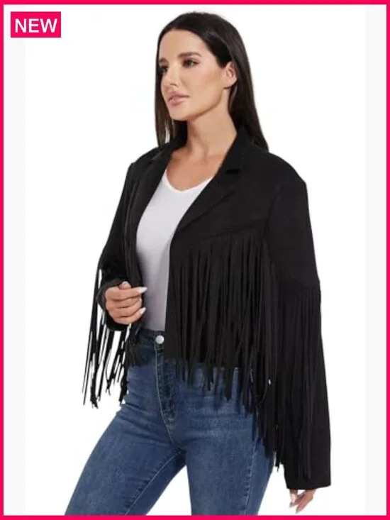 Fringe Leather Jacket Women Western Cropped Coat S-XXL Concert Wear - Picture 3 of 7